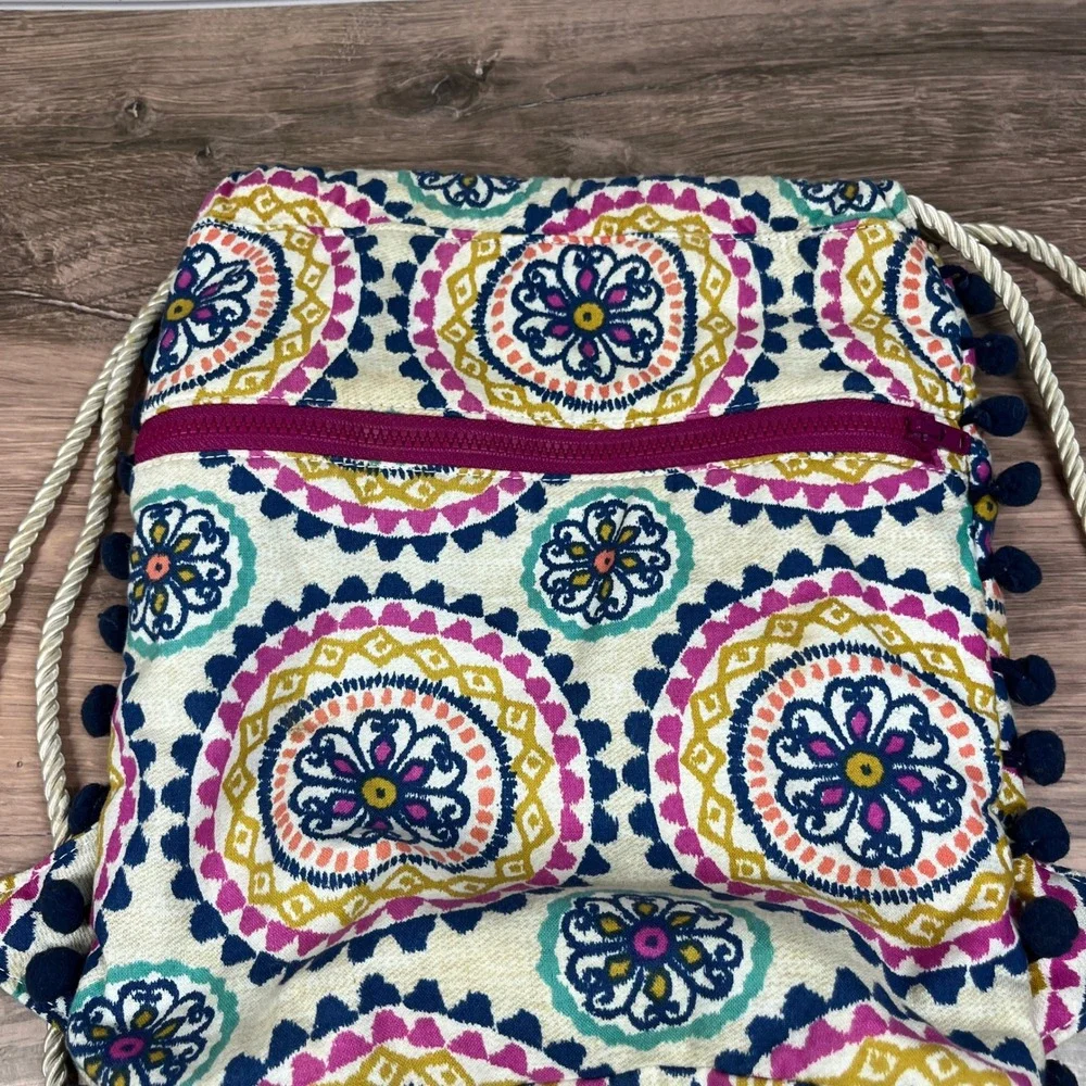 Douglas Company‎ Drawstring Backpack Multicolor Medallion Pom-Pom Trim Boho